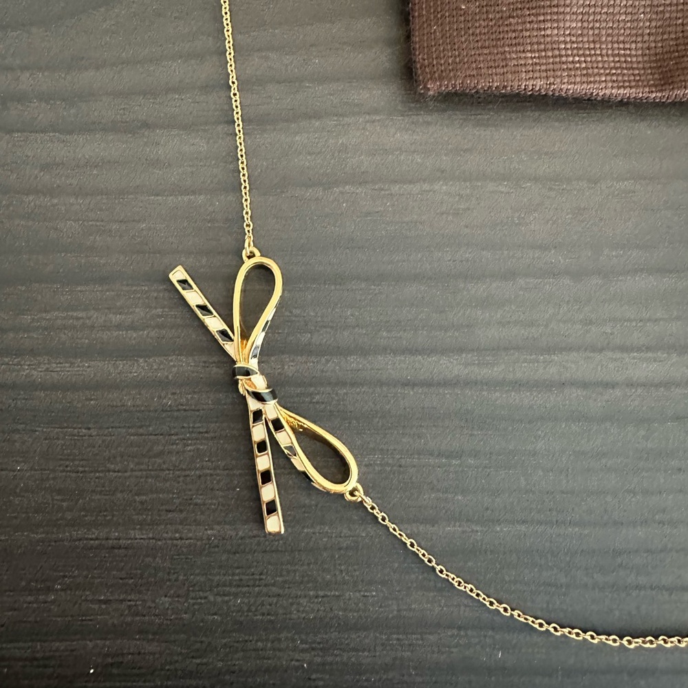 Kate Spade Black White Enamel Gold Adjustable Bow Necklace - Picture 2 of 5